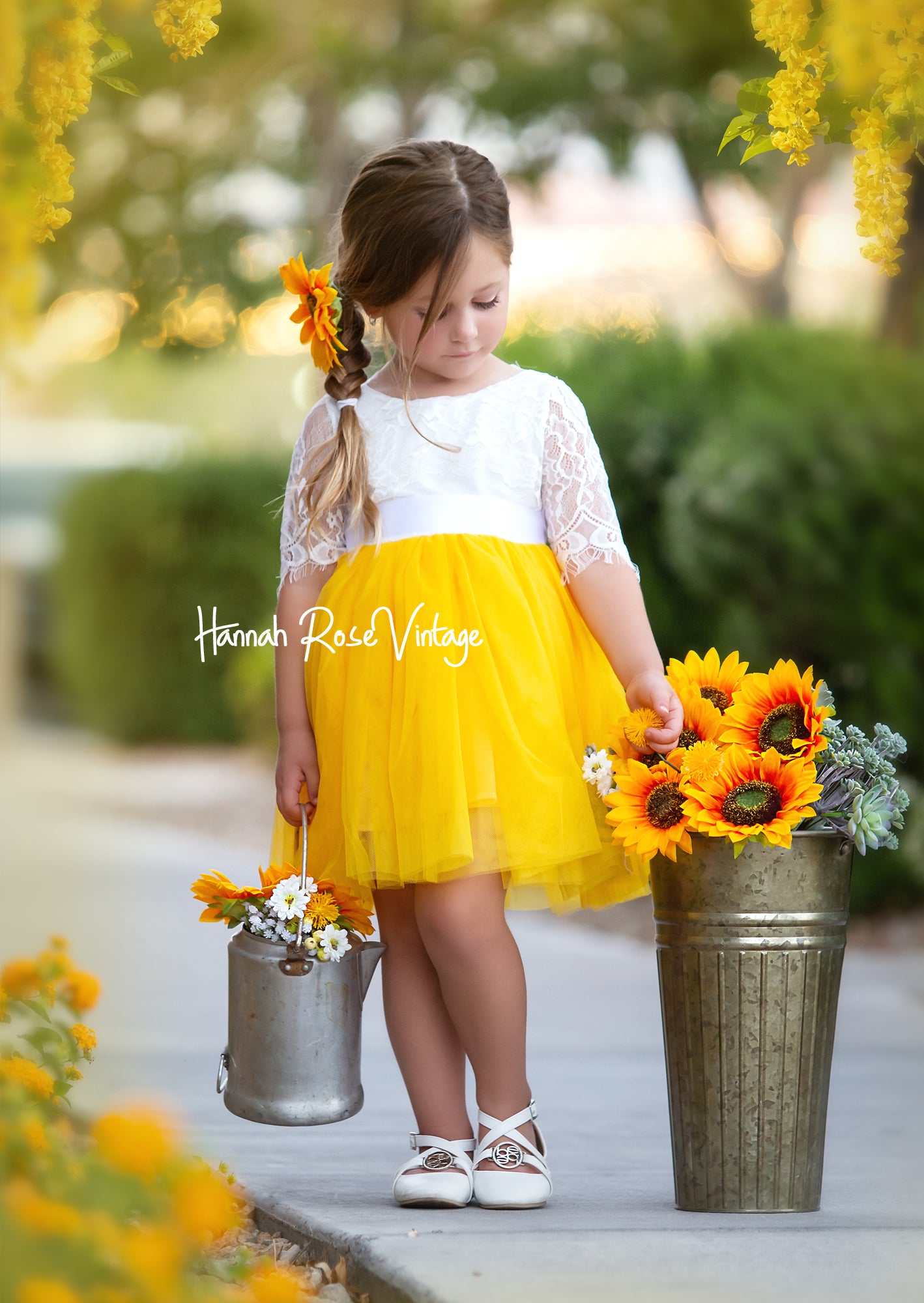yellow and white flower girl dress