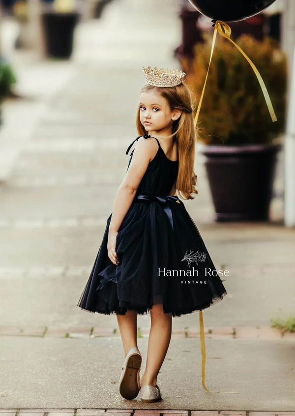 Black Velvet and Tulle Girls Party Dress - 