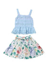 Blue Floral Skirt and Eyelet Top Set - 