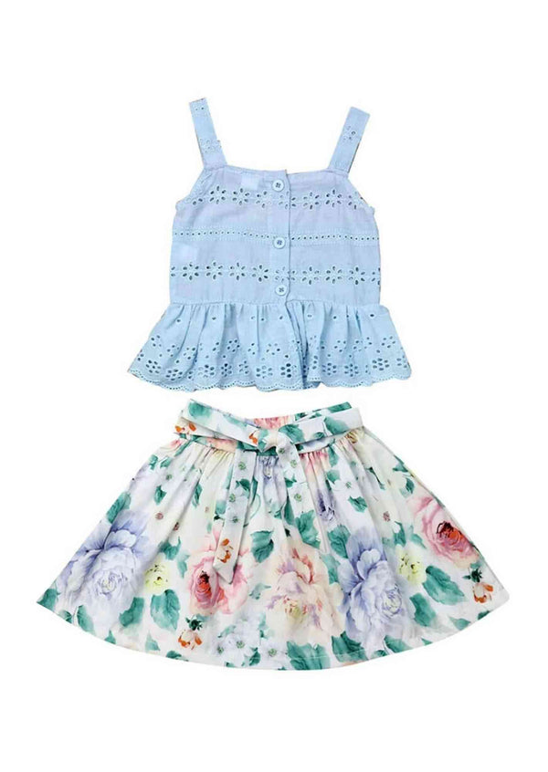 Blue Floral Skirt and Eyelet Top Set - 