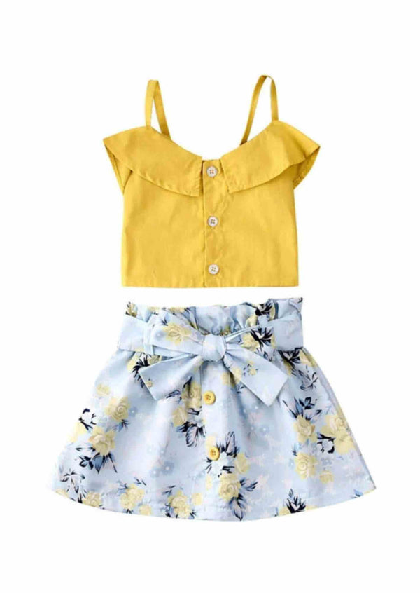 Blue with Yellow Floral Skirt and Top Set - 