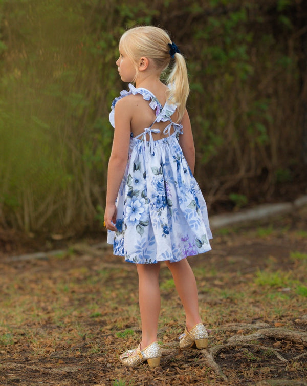 GIRLS - Blue Floral Cotton Dress - Hannah Rose Vintage Boutique