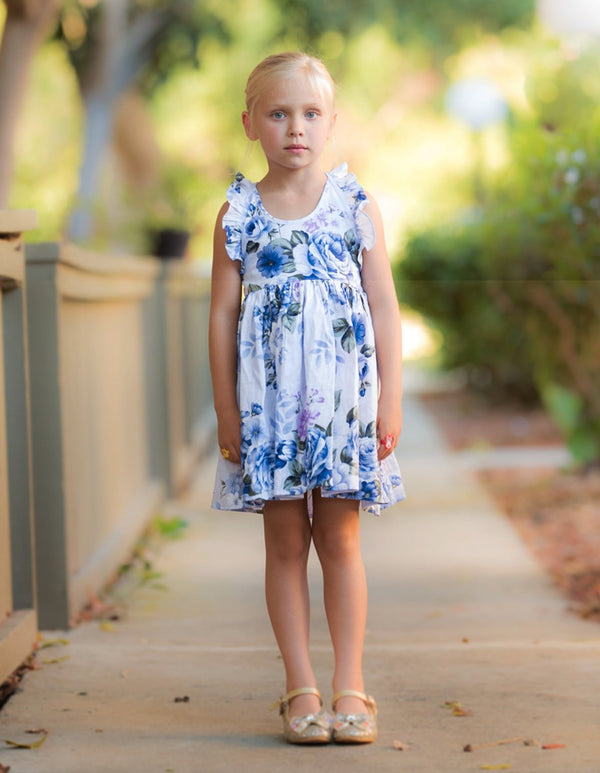 GIRLS - Blue Floral Cotton Dress - Hannah Rose Vintage Boutique