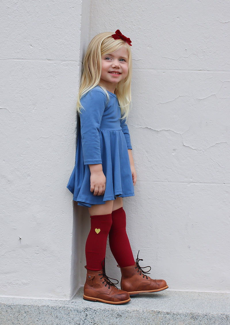 girls blue twirl dress and over the knee socks