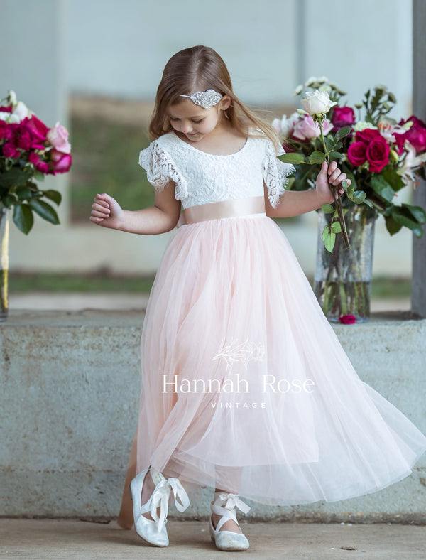 Blush flower girl dress with ruffle sleeves