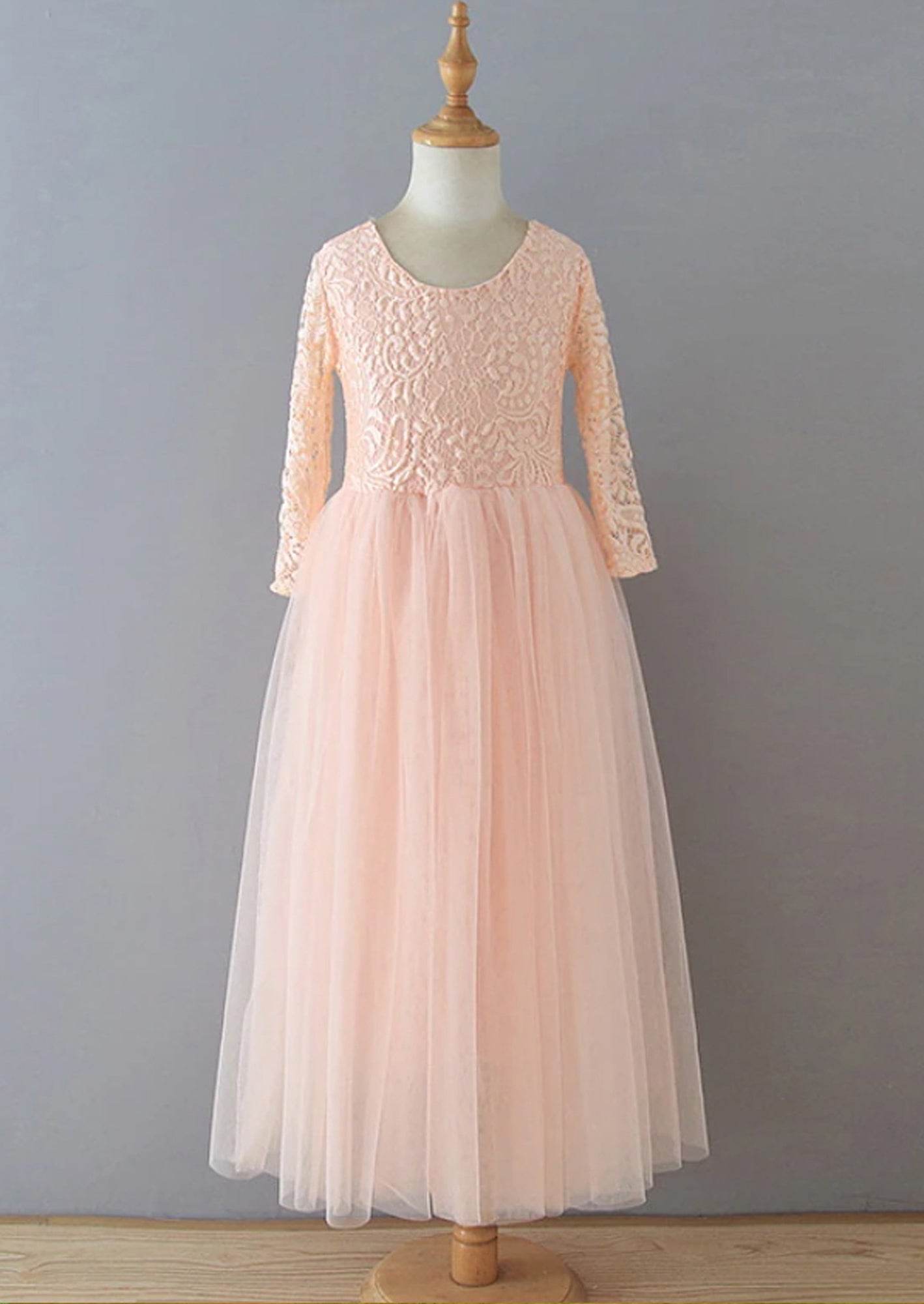 Boho Tulle Flower Girl Dress Long Sleeve Peach Blush - 