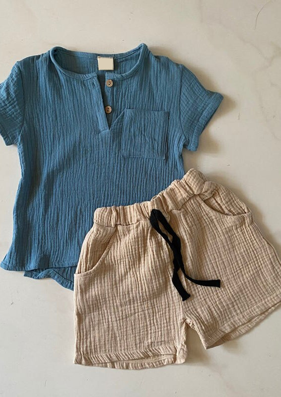 GIRLS - Boys Blue Tan Shorts Set - Hannah Rose Vintage Boutique