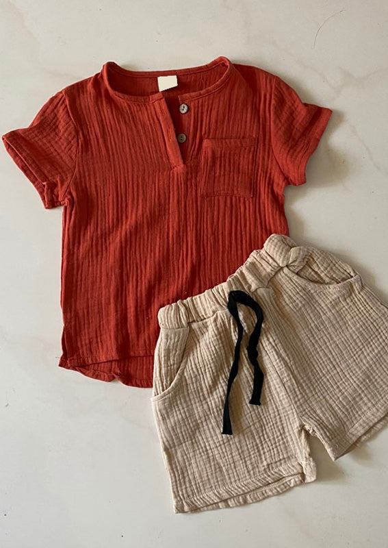GIRLS - Boys Burgundy Tan Shorts and Shirt Set - Hannah Rose Vintage Boutique
