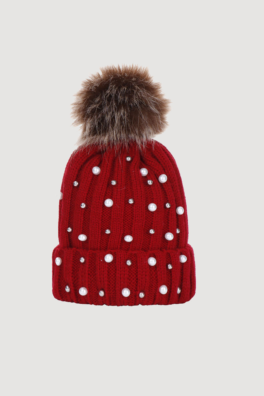 GIRLS - Beaded Faux Fur Pom Knit Hat Burgundy - Hannah Rose Vintage Boutique