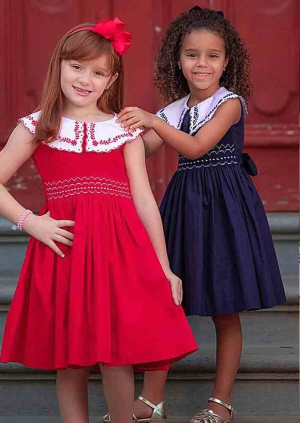 Carla Embroidered Smocked Dress in Navy - 