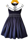 Carla Embroidered Smocked Dress in Navy - 