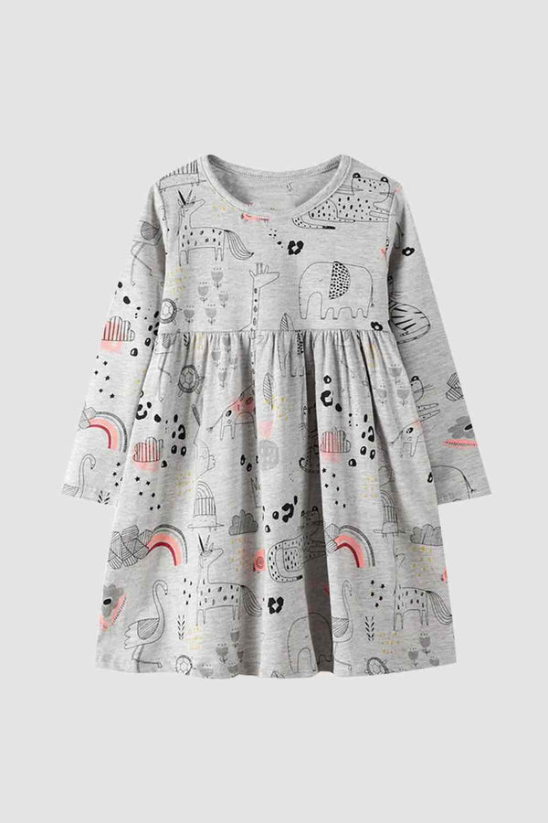 Girls gray knee-length cotton dress with rainbow and zoo animal prints
