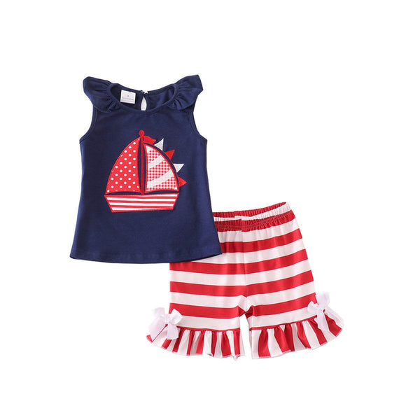 Girls Red and Blue 2 Pc Shorts Set - 