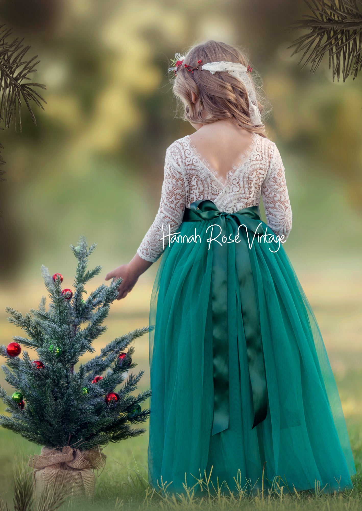 Green and white flower girl dress