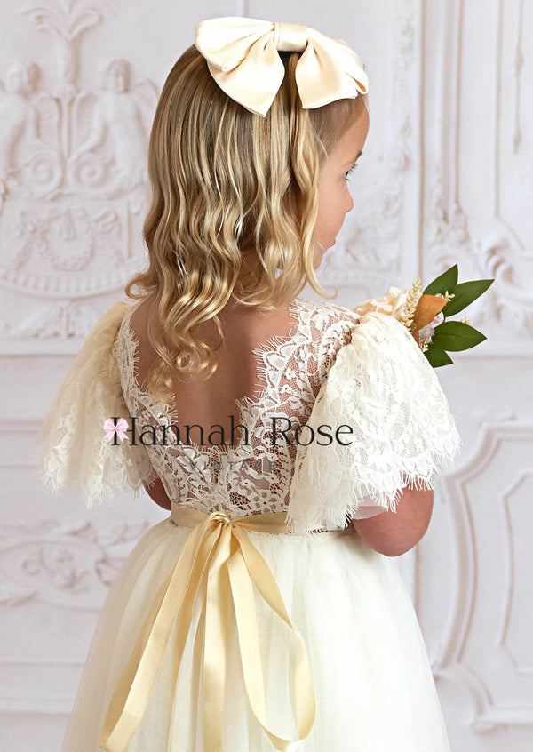 Ivory Satin Flower Girl Hair Bow - 