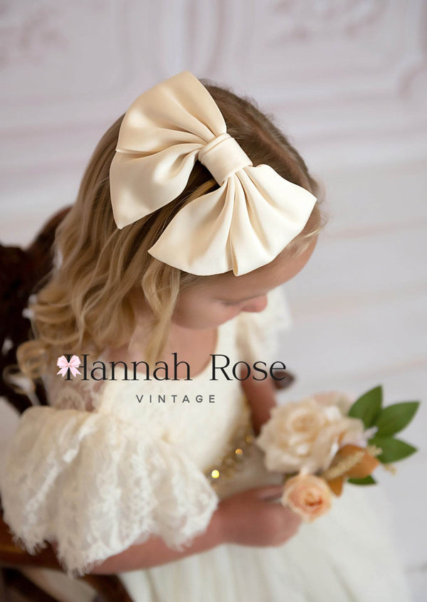 Ivory Satin Flower Girl Hair Bow - 