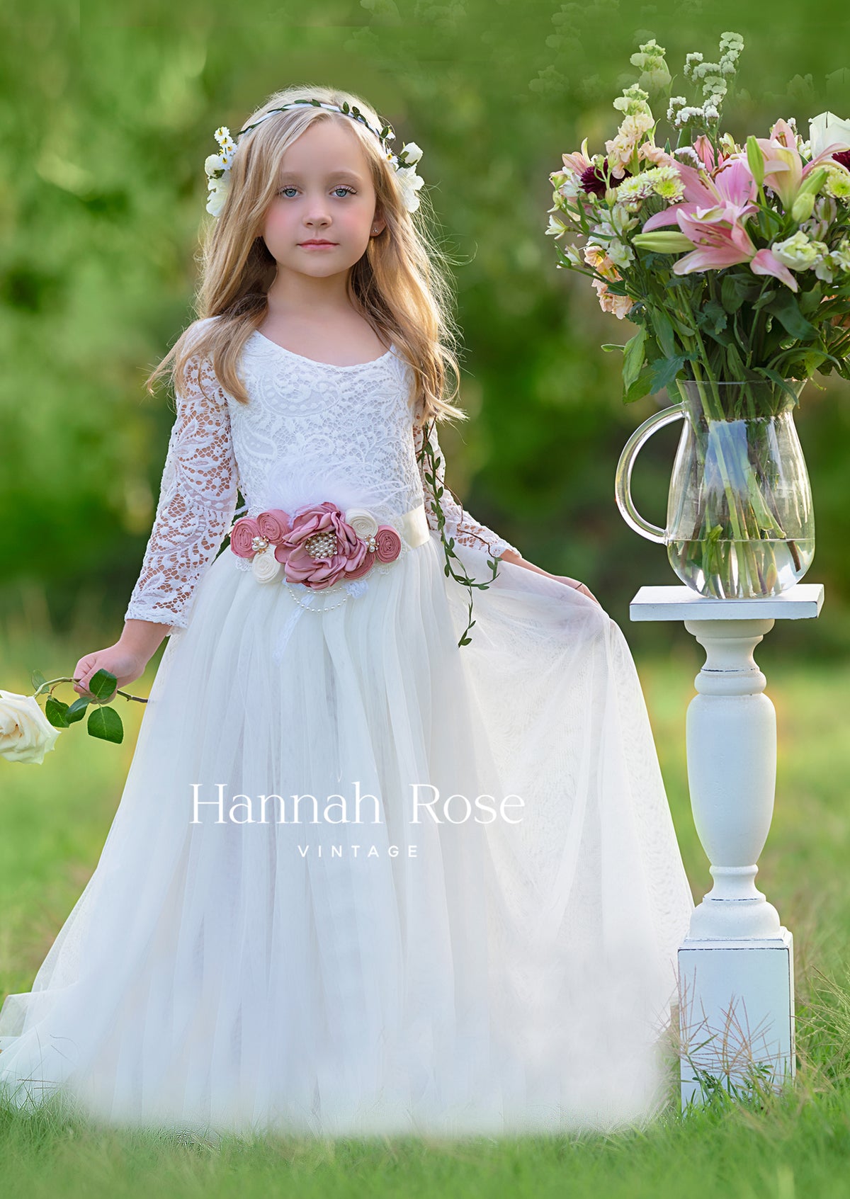 Long Sleeve Ivory Flower Girl Dress Vintage - Hannahrosevintageboutique.com