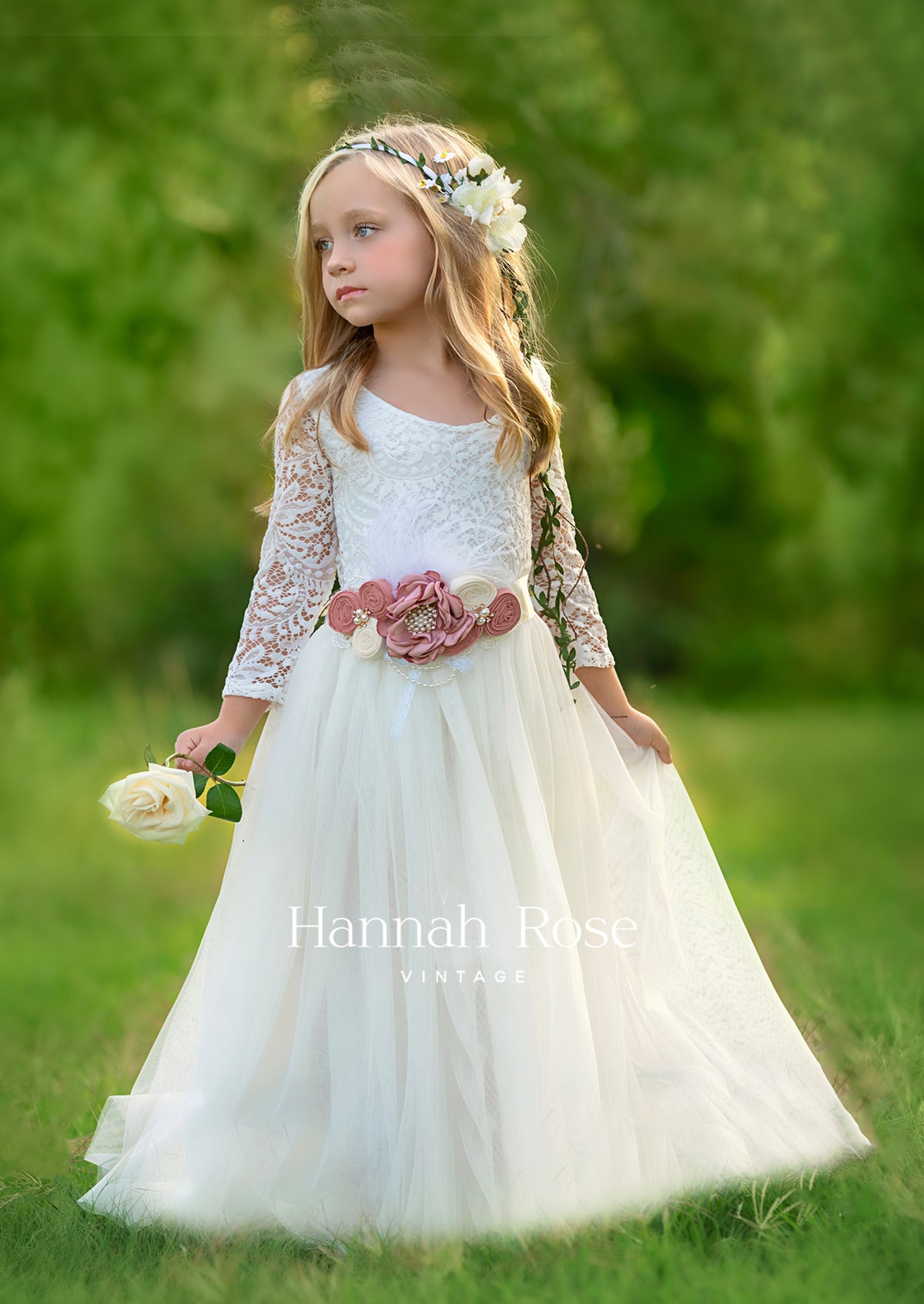 Long Sleeve Ivory Flower Girl Dress Vintage - Hannahrosevintageboutique.com