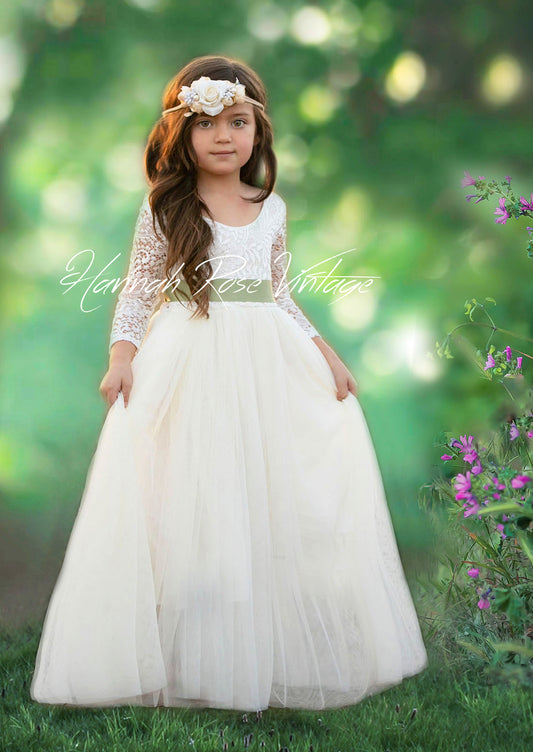 Long Sleeve Ivory Flower Girl Dress Vintage - Hannahrosevintageboutique.com