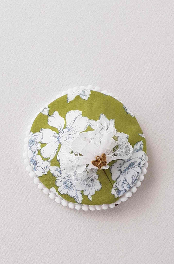 Mariah Spanish Hair Clip green floral fabric with white lace and pom pom trim vintage style accessory