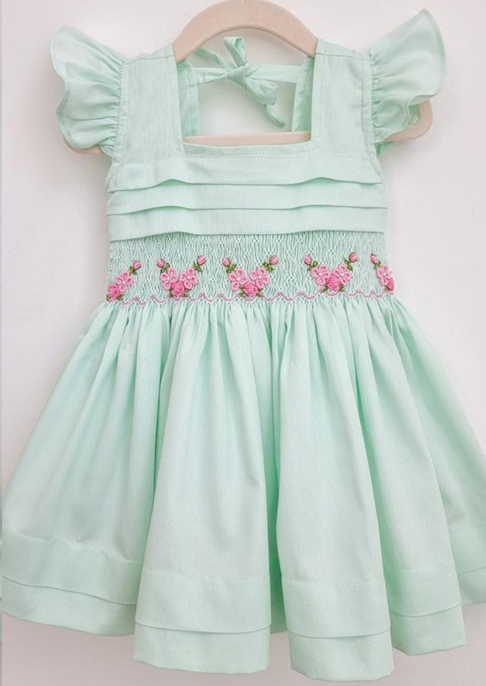 GIRLS - Dainty Flowers Mint Hand Smocked Dress - Hannah Rose Vintage Boutique