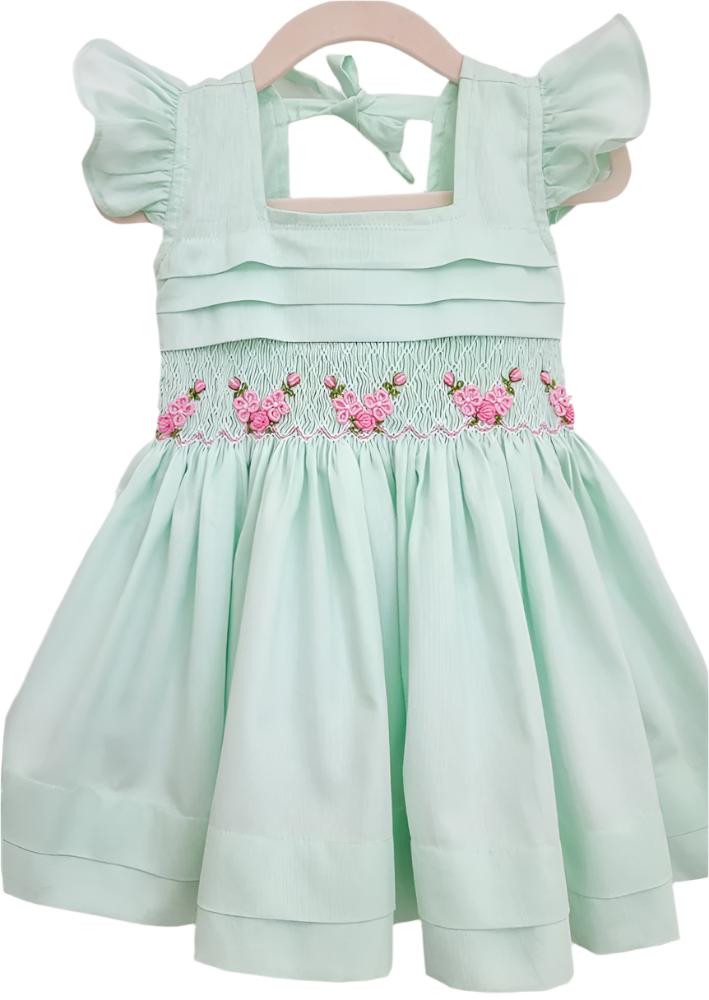 GIRLS - Dainty Flowers Mint Hand Smocked Dress - Hannah Rose Vintage Boutique