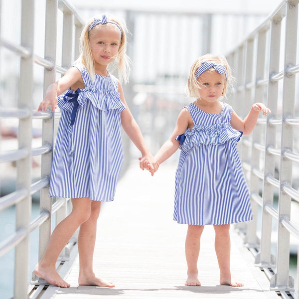 Navy or Red Striped Cotton Dresses with Drop Sleeves - 