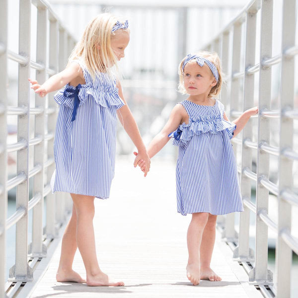 Navy or Red Striped Cotton Dresses with Drop Sleeves - 