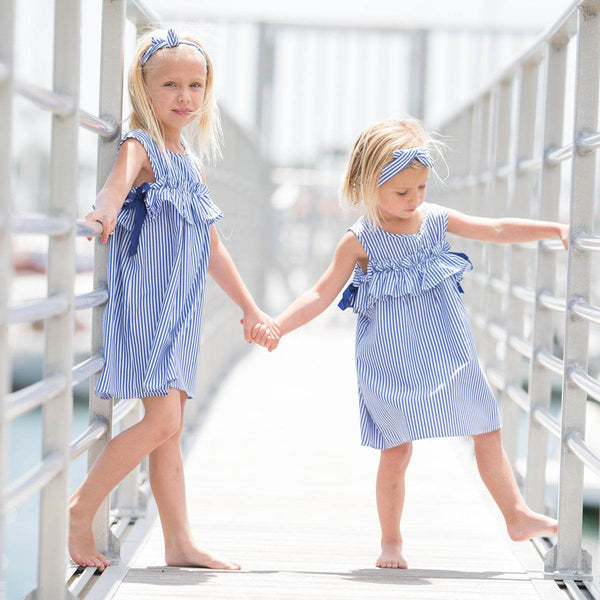 Navy or Red Striped Cotton Dresses with Drop Sleeves - 