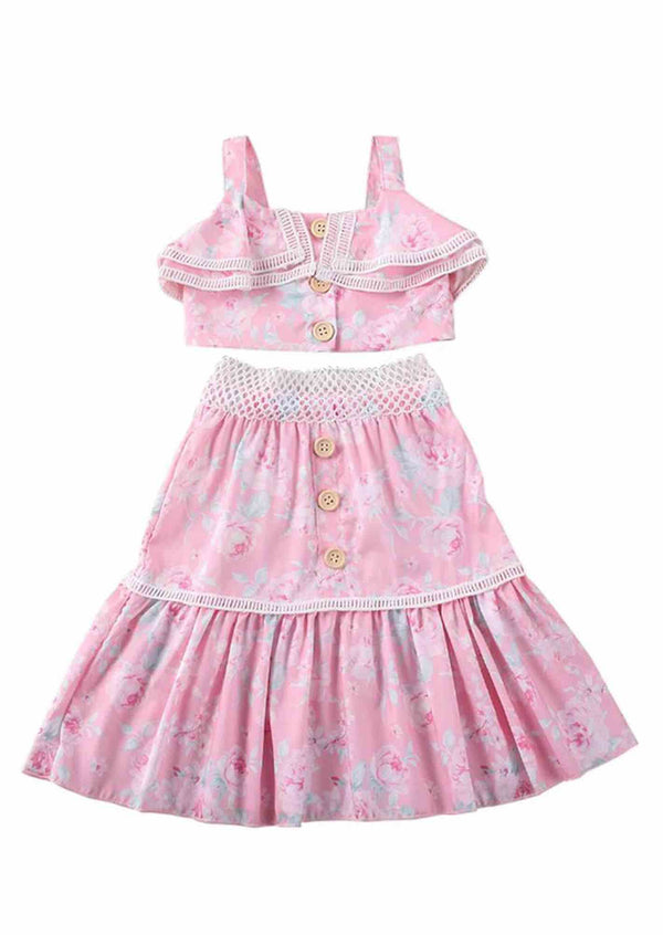 Pink floral maxi skirt and matching crop top set for girls with button details and ruffle accents