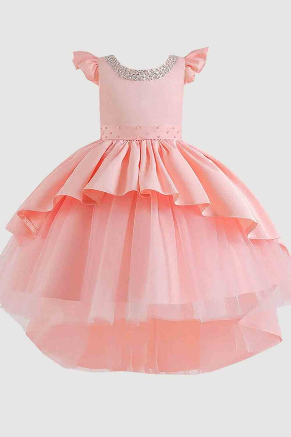 Pink satin party dress with sequin neckline and layered tulle skirt