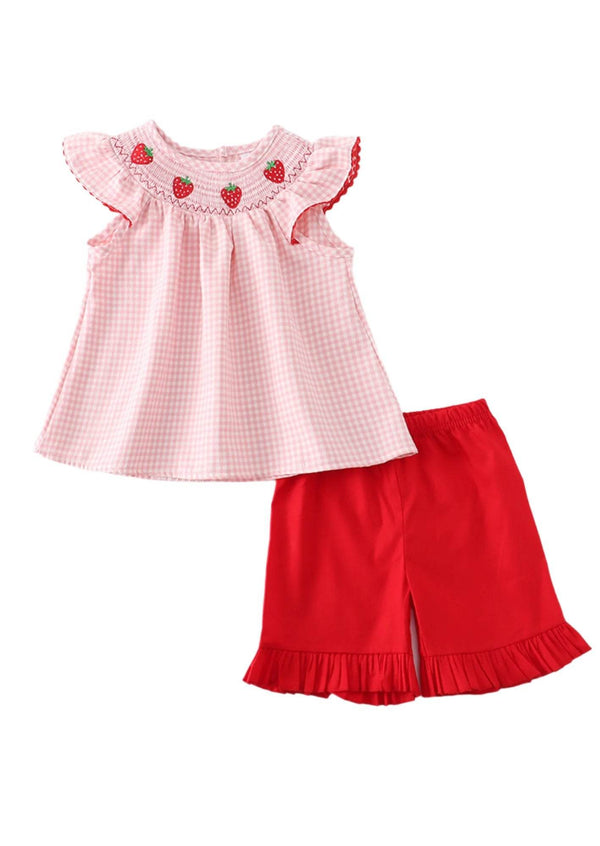 Pink Strawberry Smocked Shorts Set - 