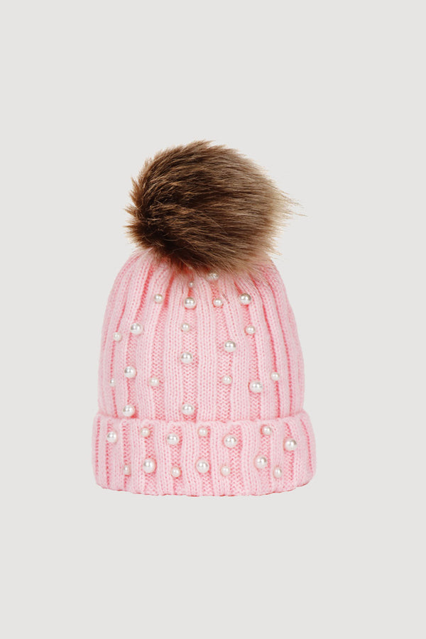 GIRLS - Beaded Faux Fur Pom Knit Hat Pink - Hannah Rose Vintage Boutique