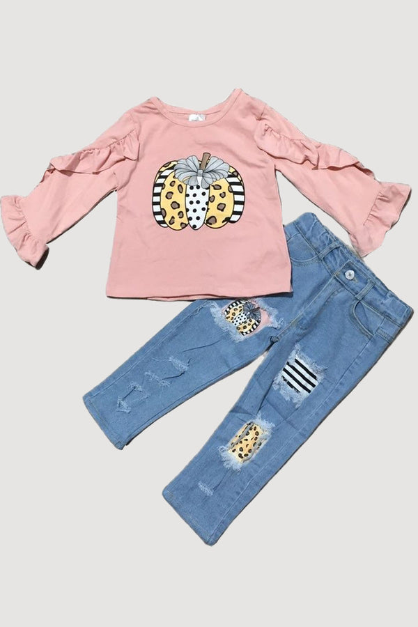 GIRLS - Pink Pumpkin Jeans and Top Set - Hannah Rose Vintage Boutique