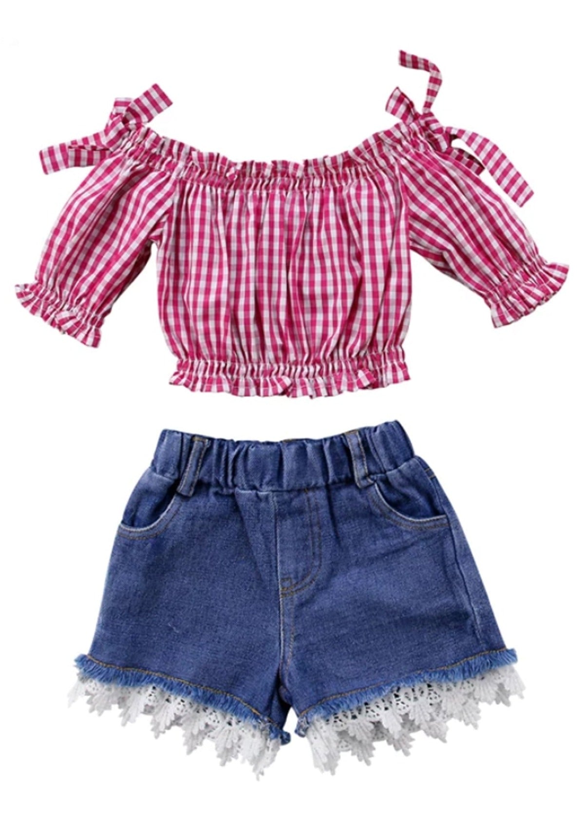 GIRLS - Denim Shorts with Red Check Top Set - Hannah Rose Vintage Boutique