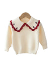 GIRLS - Cream/Red Girls Embroidered Collar Sweater - Hannah Rose Vintage Boutique