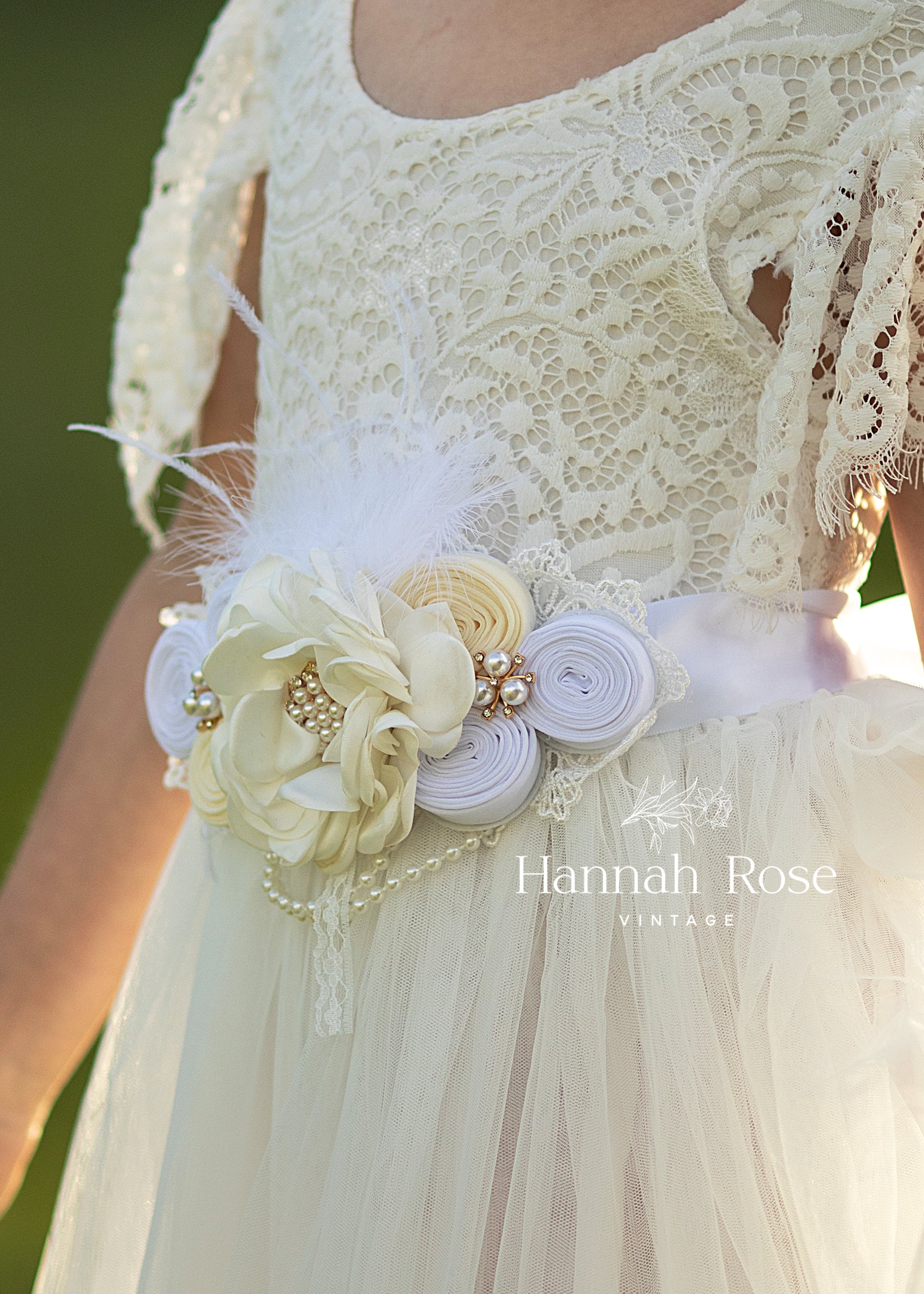 GIRLS - White Flower Bridal Sash - Hannah Rose Vintage Boutique
