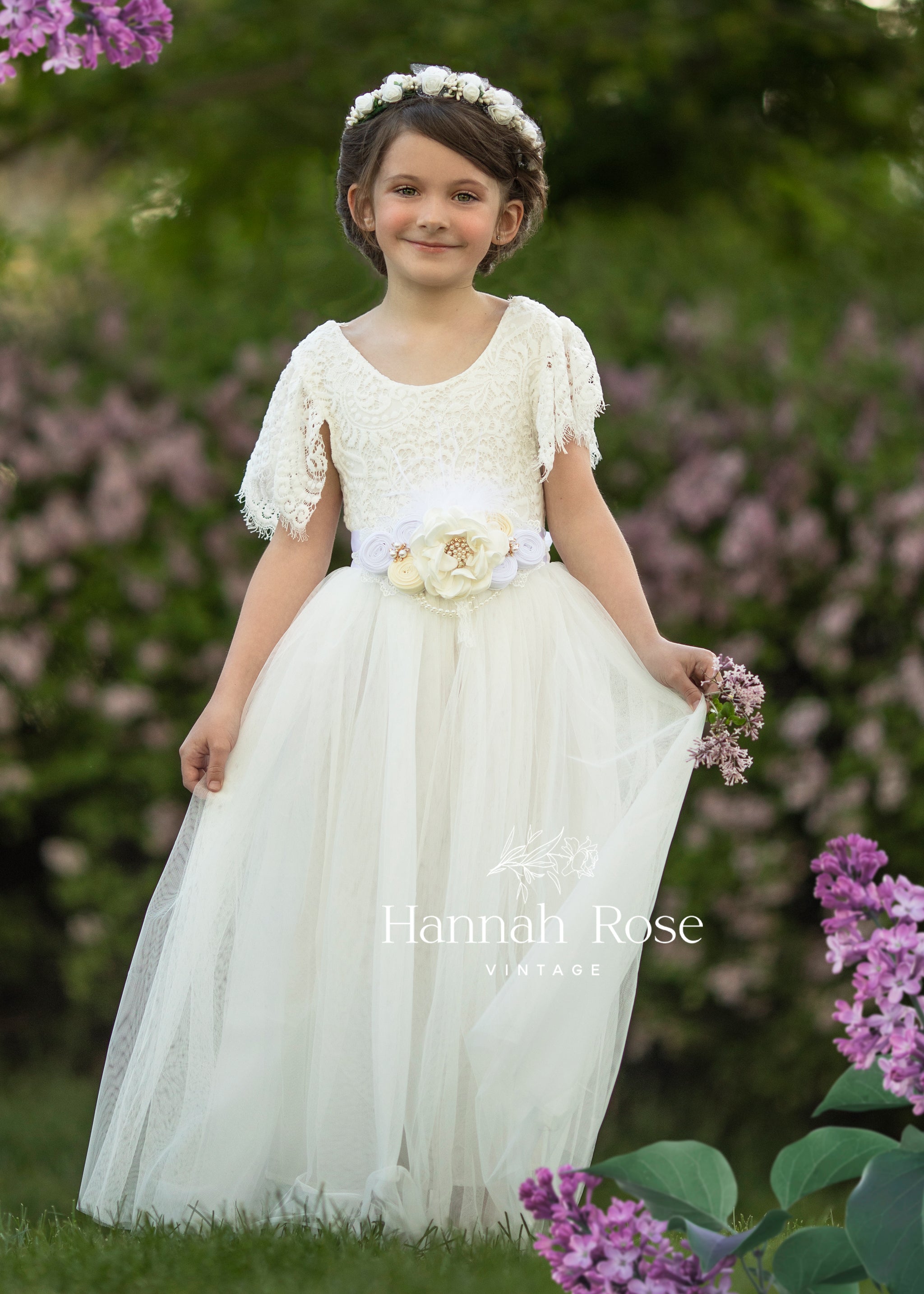 GIRLS - White Flower Bridal Sash - Hannah Rose Vintage Boutique