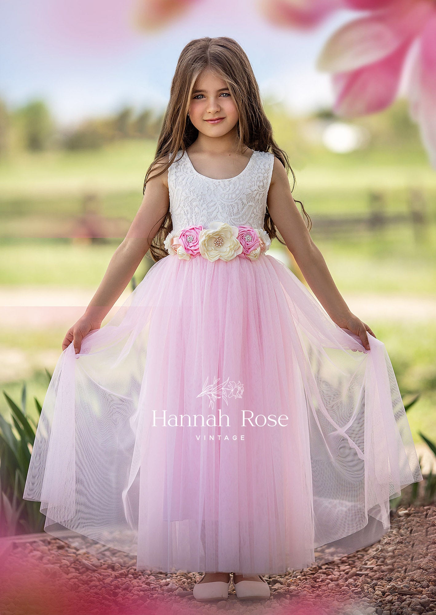 GIRLS - Pink and Ivory Flower Wedding Sash - Hannah Rose Vintage Boutique
