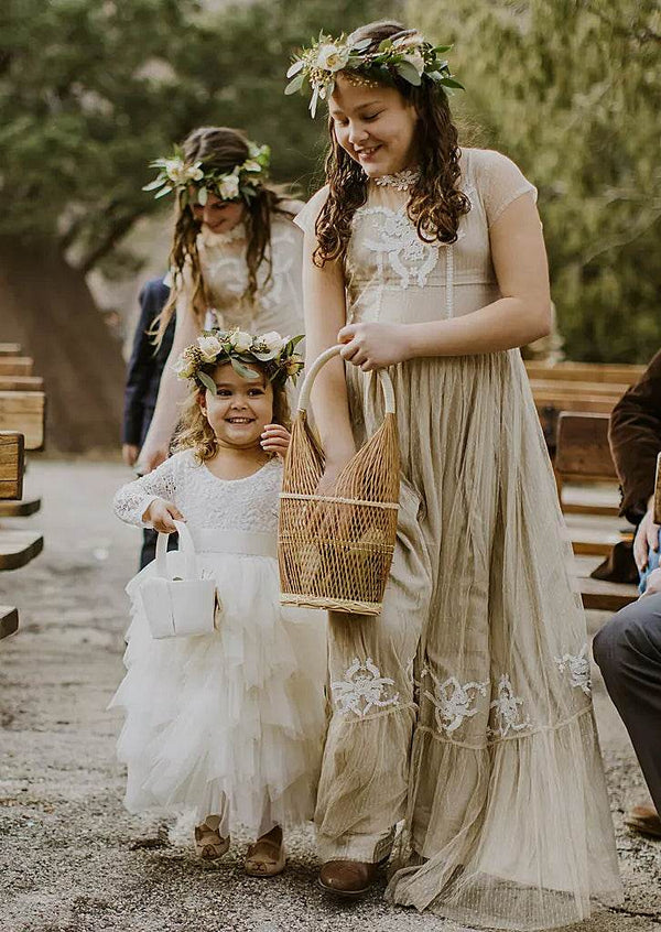 Whimsical Boho Layered Tulle Flower Girl Dress White - 