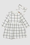 White Windowpane Check Dress with Headband - 