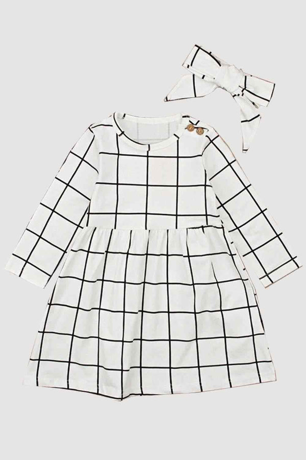 White Windowpane Check Dress with Headband - 