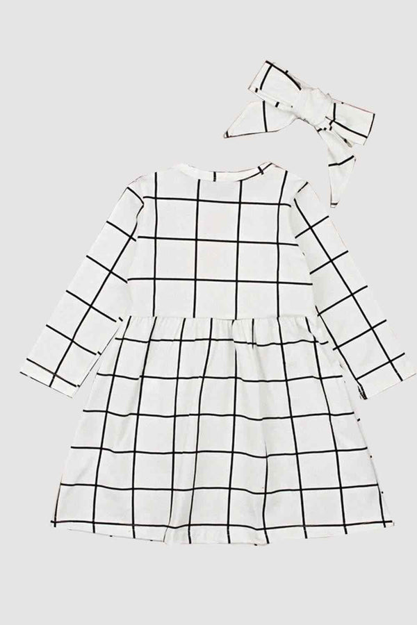 White Windowpane Check Dress with Headband - 