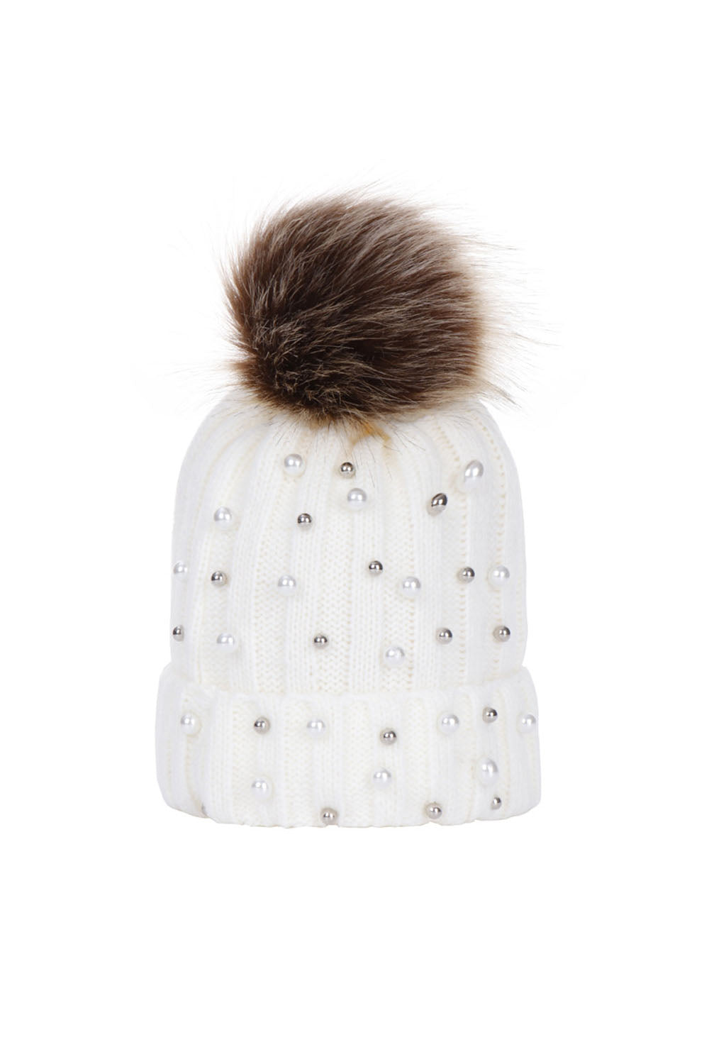 GIRLS - Beaded Faux Fur Pom Hat White - Hannah Rose Vintage Boutique